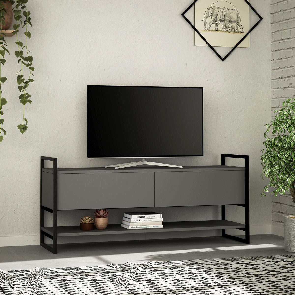 Modern TV stand with gray doors, open shelves, and black metal side frames.