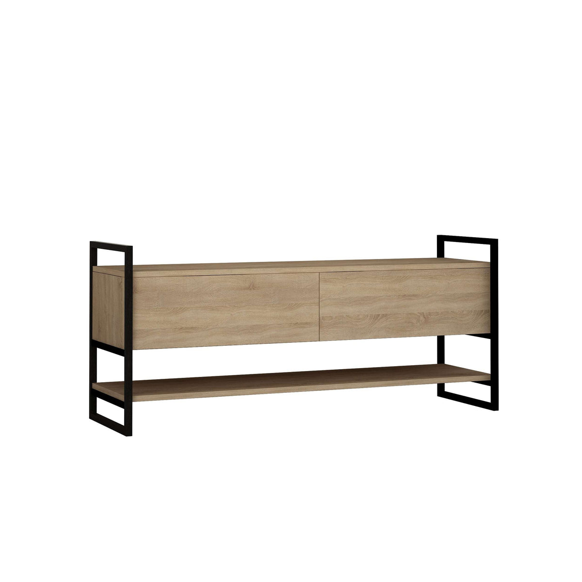 Modern TV stand with oak-style top, two drawers, and black metal end frames.