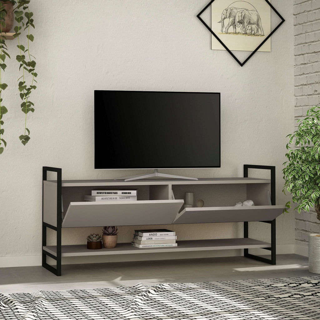 Modern TV stand in gray with open compartments and black metal side supports.