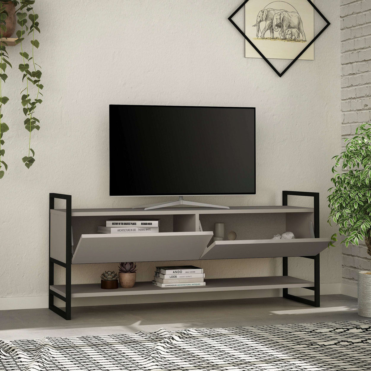 Modern TV stand in gray with open compartments and black metal side supports.