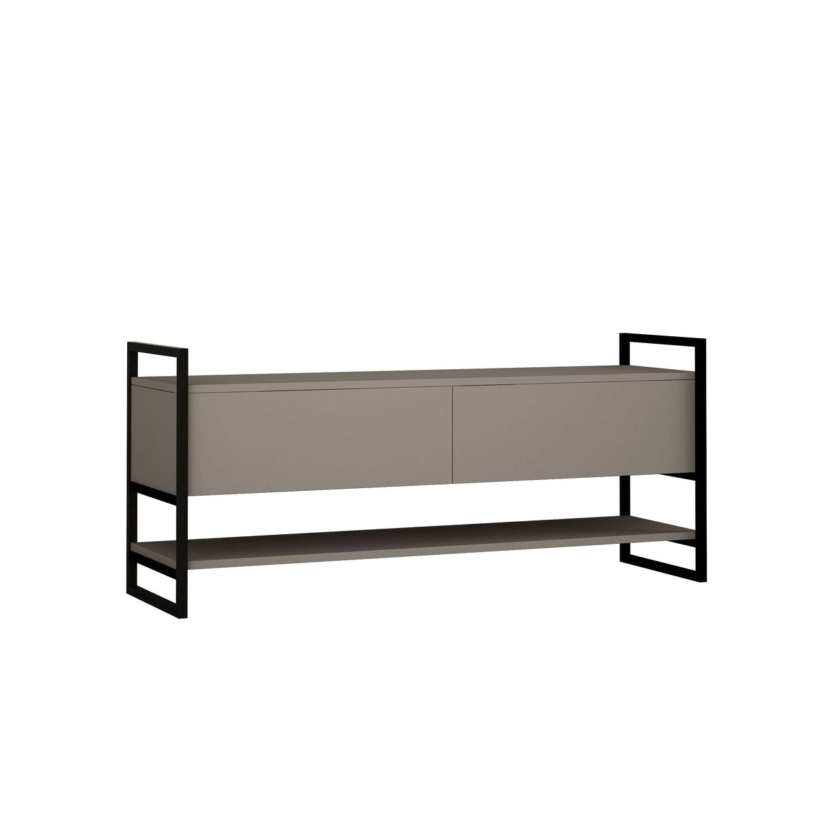 Modern TV stand with light gray finish, two front drawers and open shelf compartments