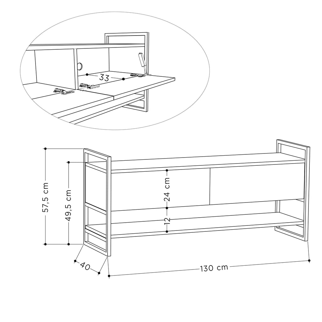 TV stand with open shelves and side cabinet doors, flat panel top, 130 cm