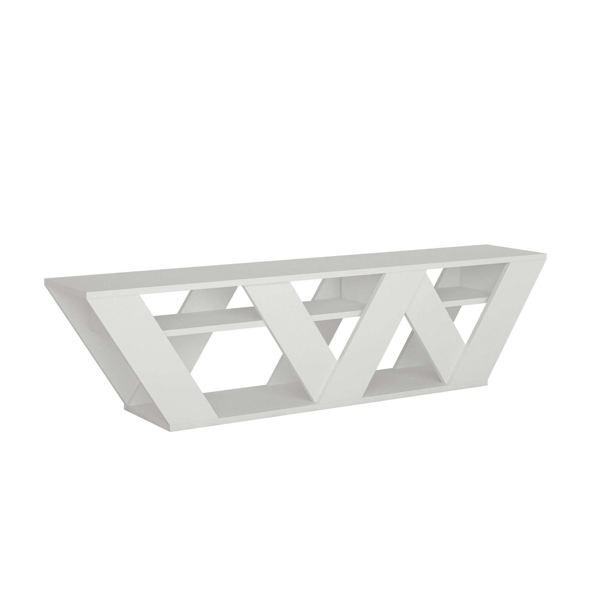 White TV stand console with open shelves and angled cross-brace frame