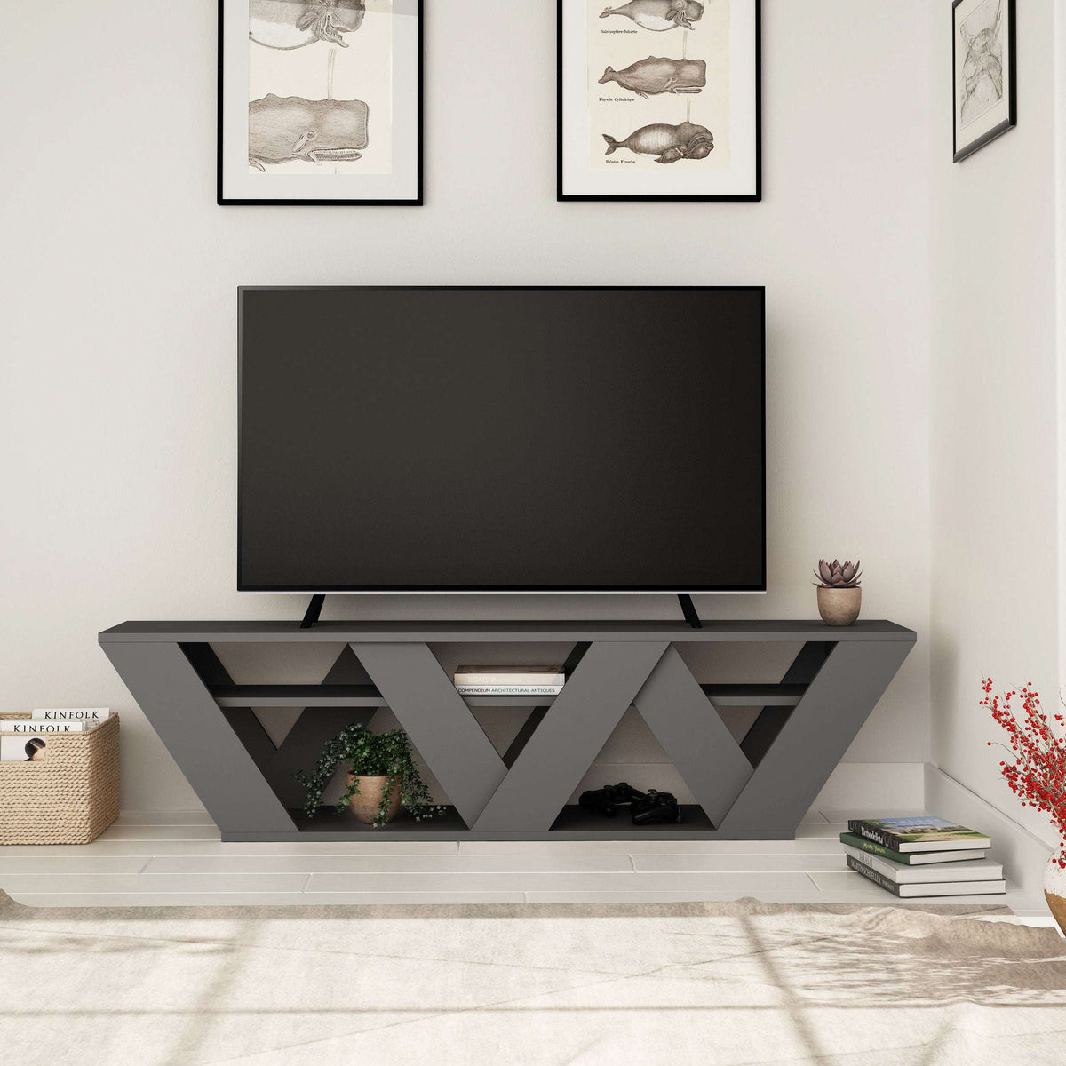 Modern TV stand console with open shelves in dark anthracite, angled cross-brace design