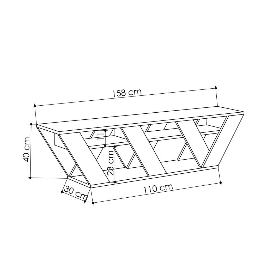 TV stand size diagram showing 158 cm width and 110 cm length with 40 cm height