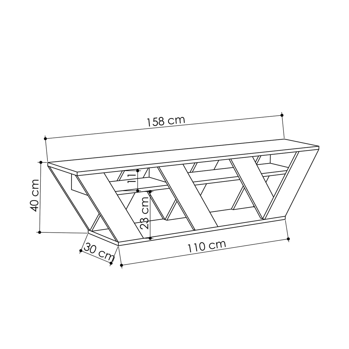 TV stand size diagram showing 158 cm width and 110 cm length with 40 cm height