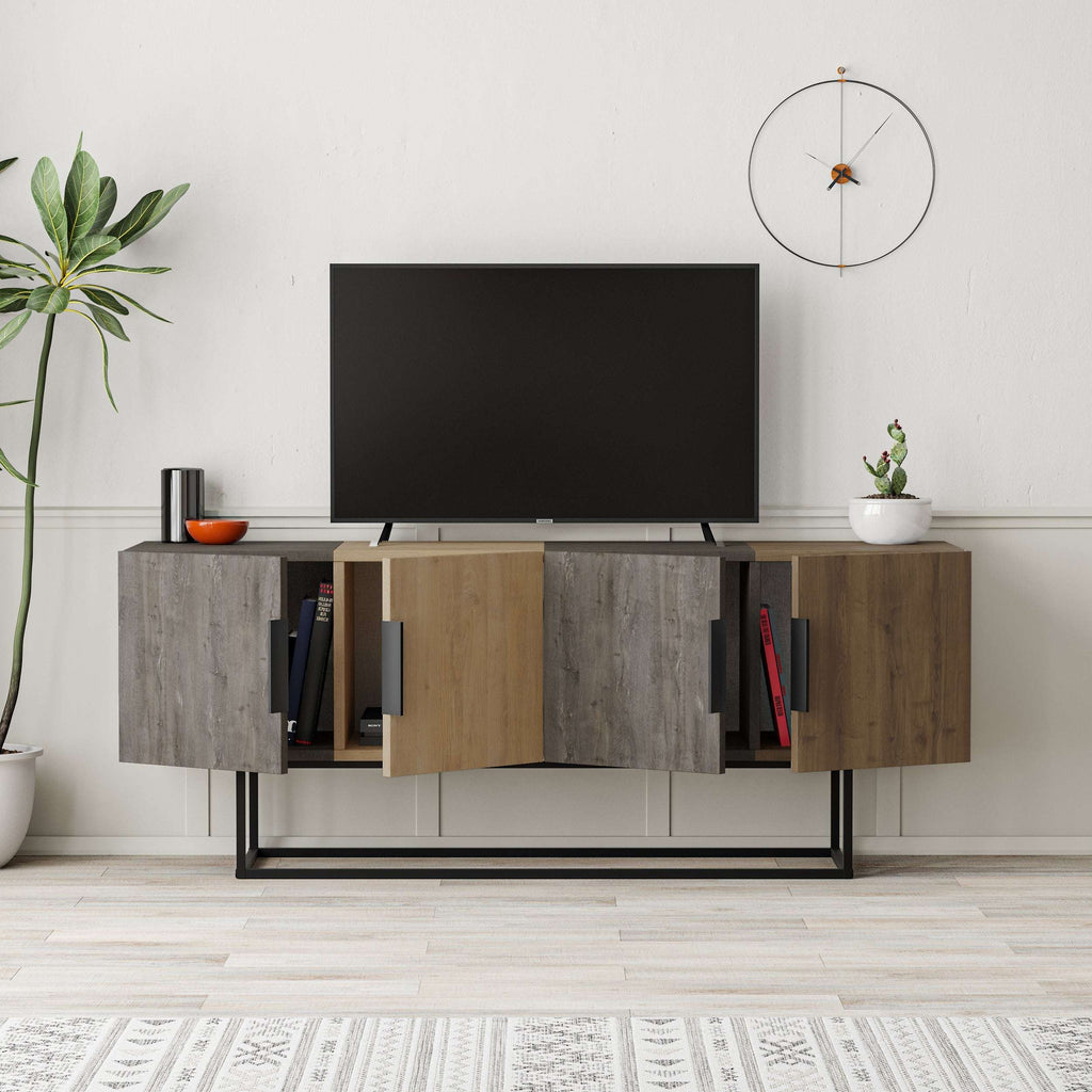 Modern TV stand with mixed oak-look and gray cabinets, black metal frame