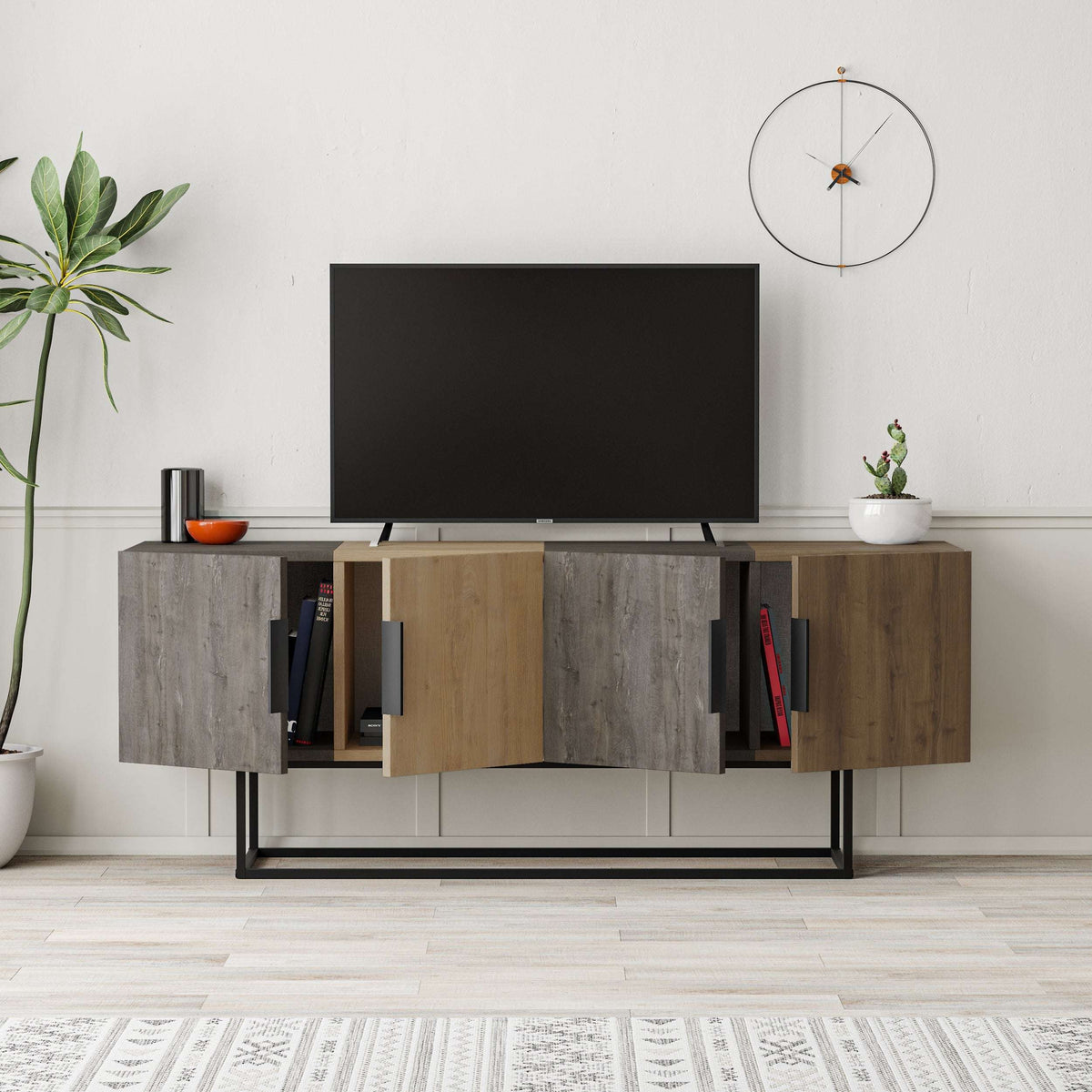 Modern TV stand with mixed oak-look and gray cabinets, black metal frame