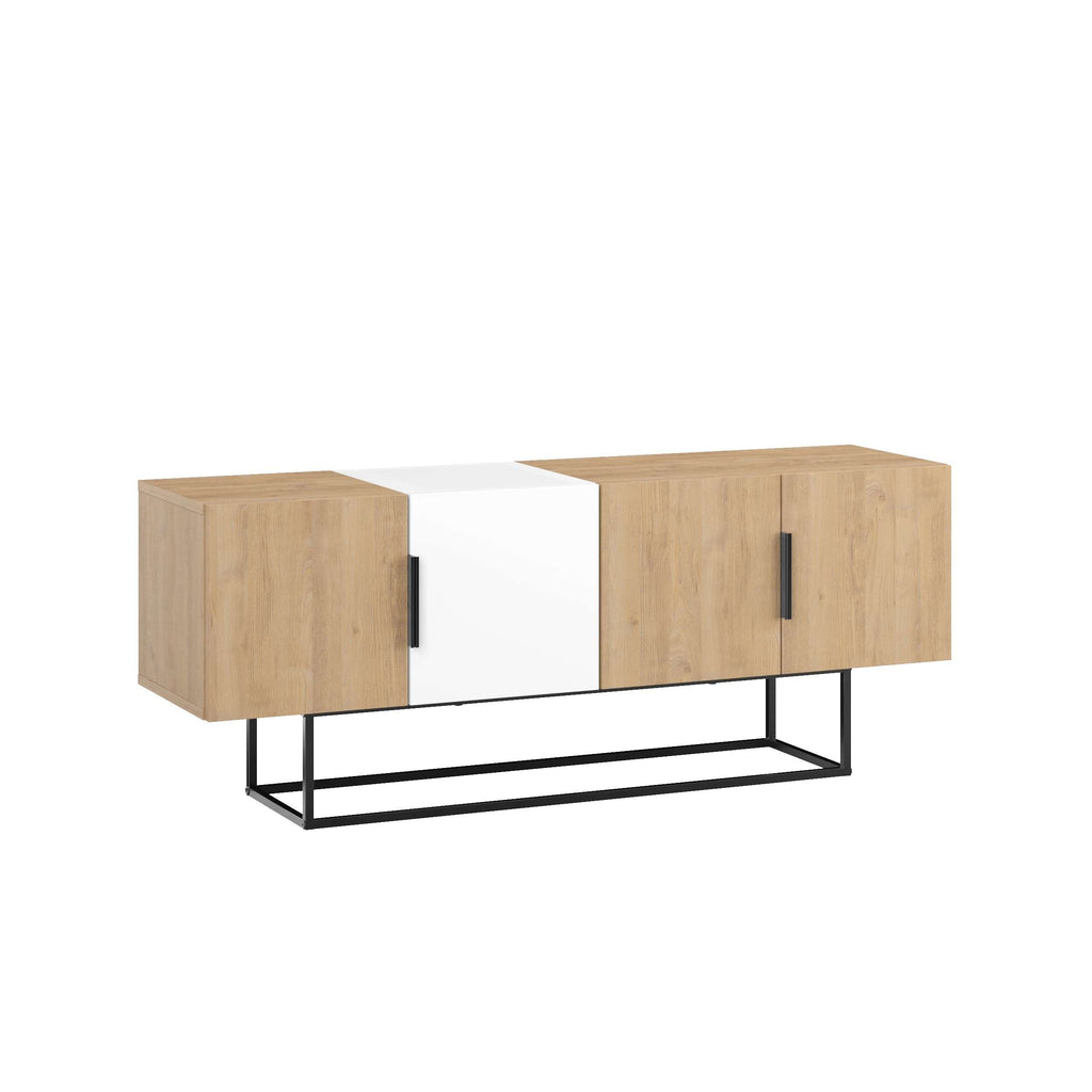 Modern TV stand with oak-look wood side panels, white center doors, black metal base