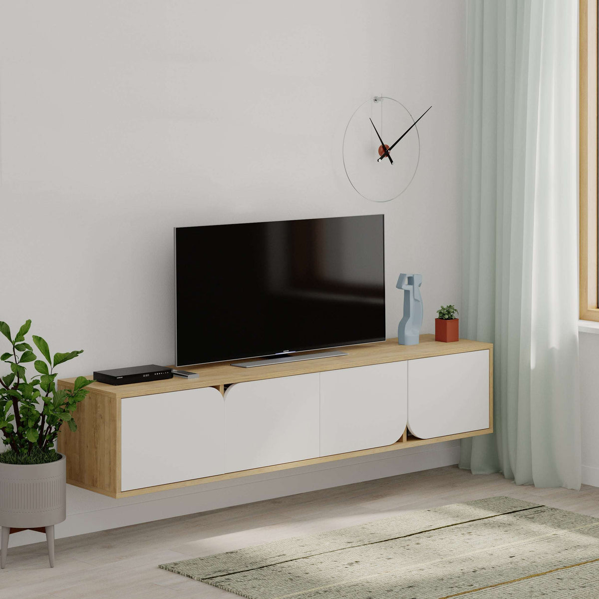 Floating TV stand in white and oak with 3 front doors and curved center drawer.