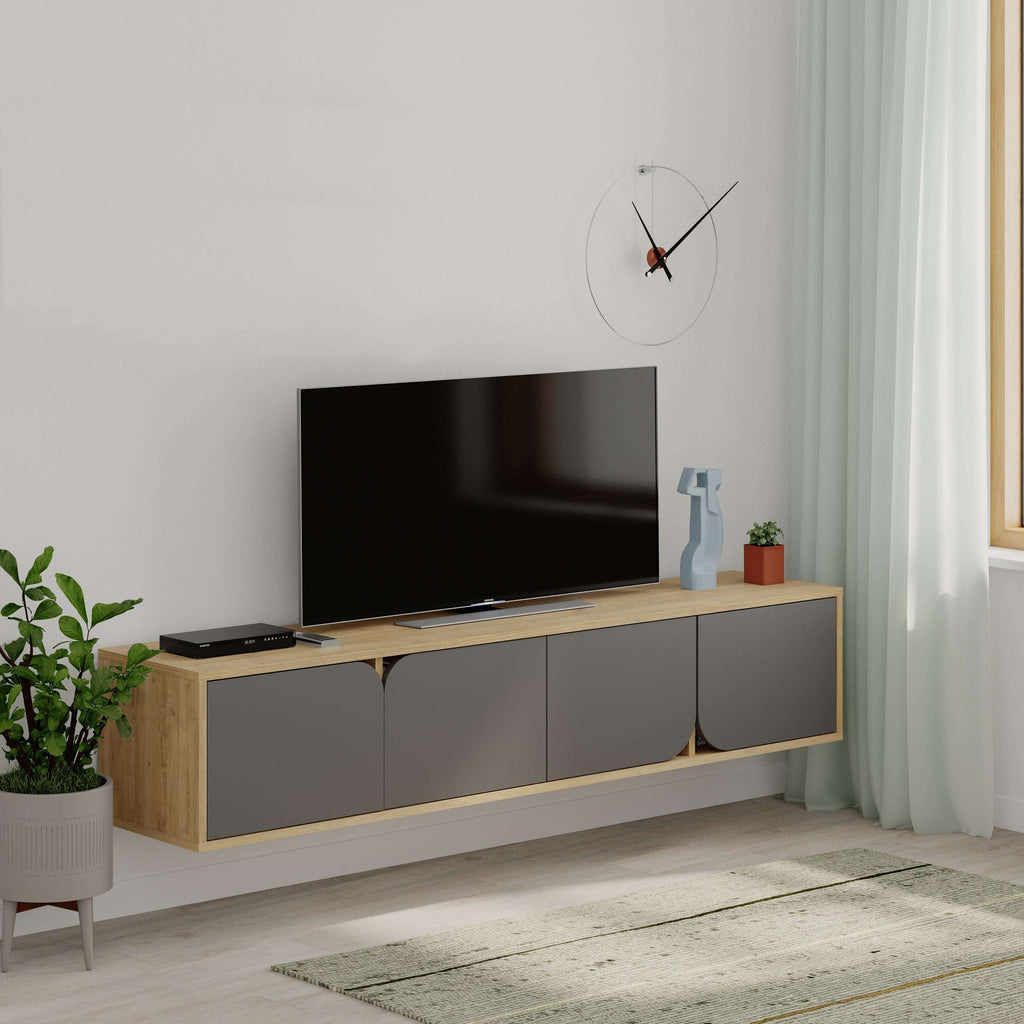 Floating TV stand in oak and anthracite with 3 front doors and curved center drawer.