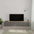 Floating TV stand in grey and oak with 3 doors and a curved center opening.