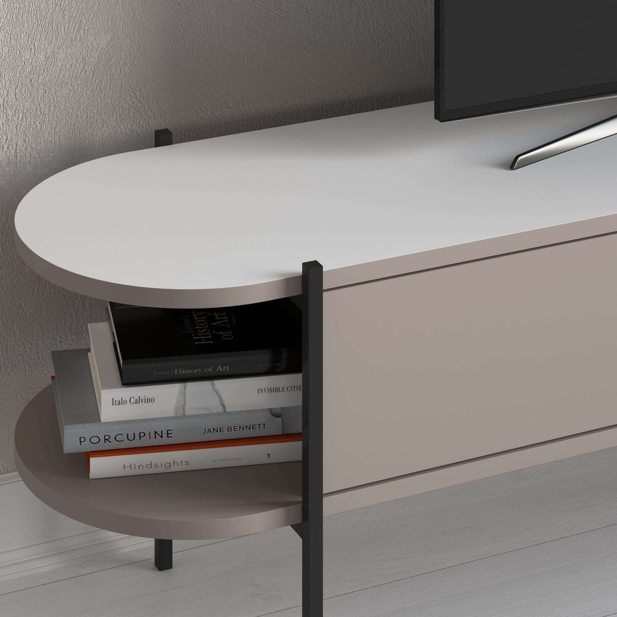 Modern TV stand with grey cabinet paneling, white rounded top, and dark metal side frame.