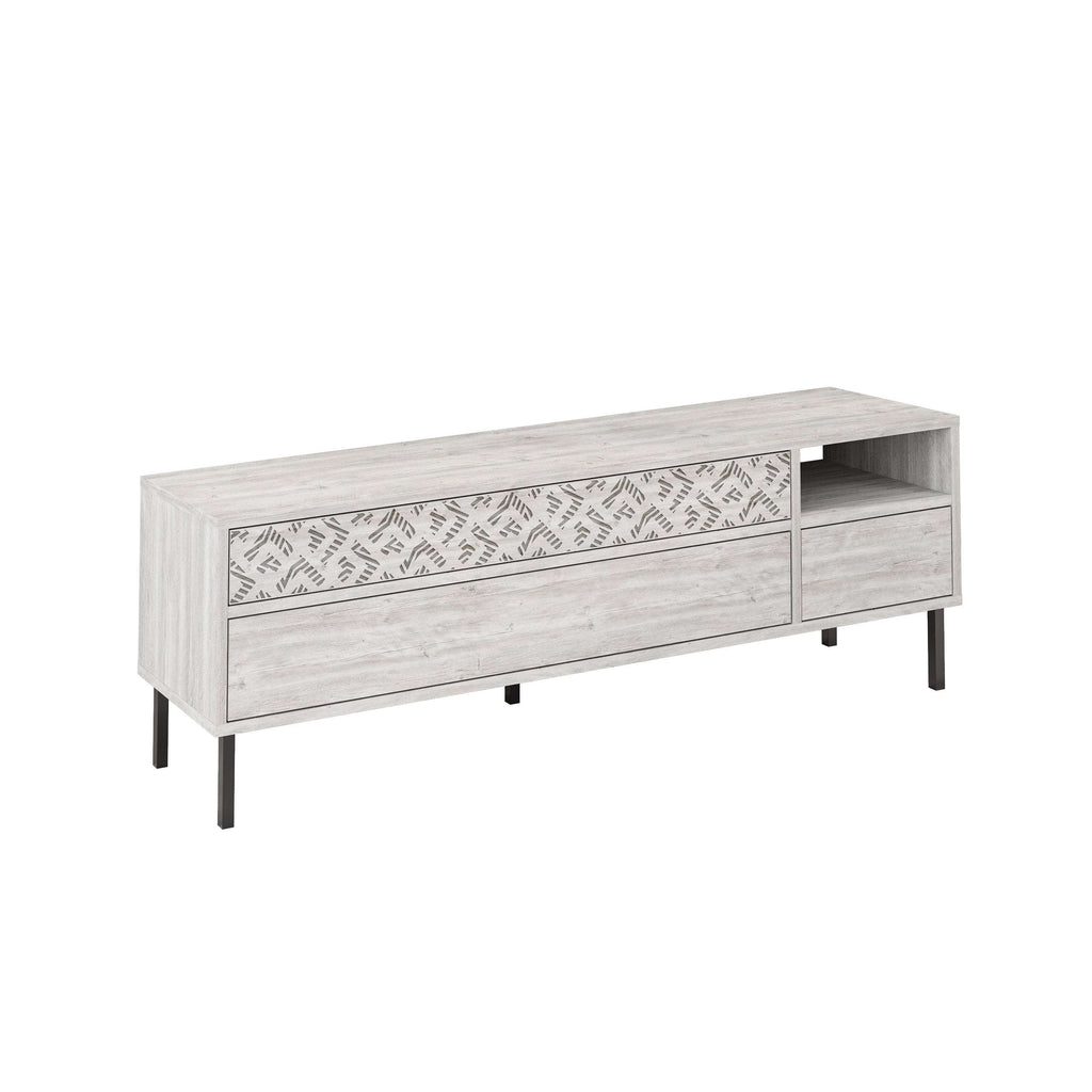 Modern TV stand with storage drawers, light grey wood body and patterned front insert