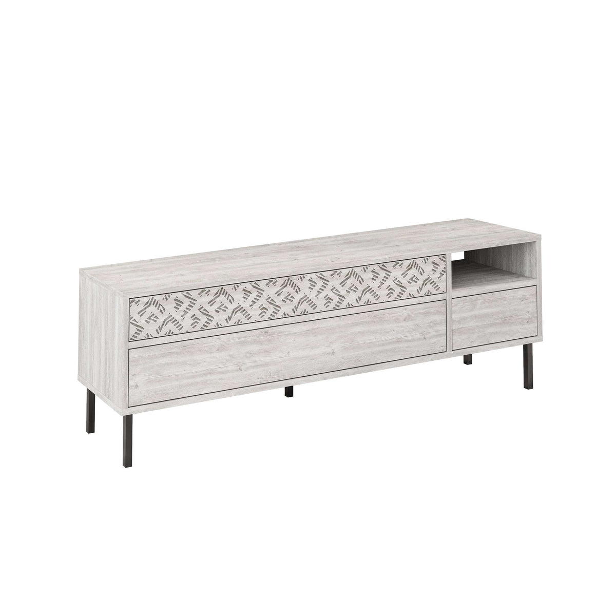Modern TV stand with storage drawers, light grey wood body and patterned front insert
