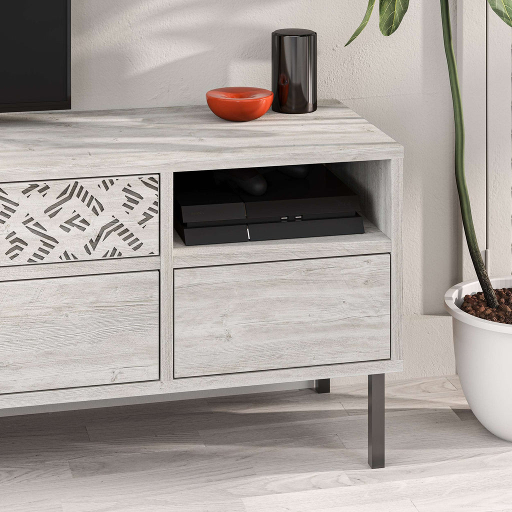 Modern TV stand with storage drawer and open media shelf, light grey wood finish
