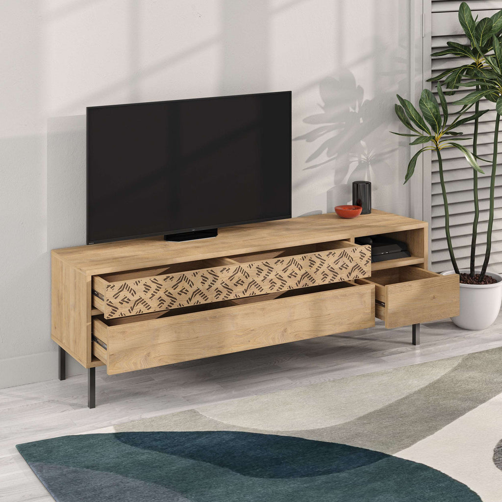 Modern TV stand with storage drawers, light oak finish and patterned front panel