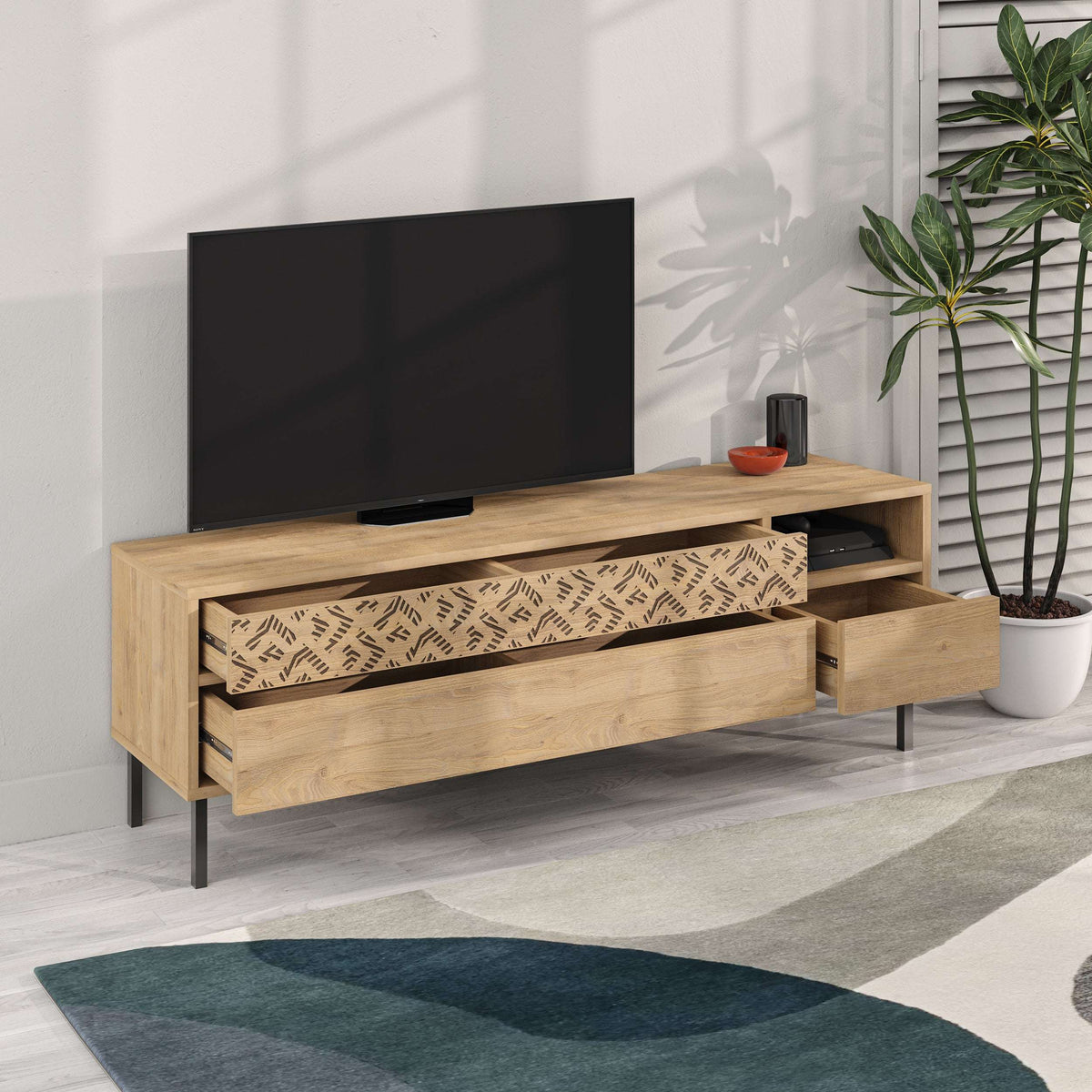 Modern TV stand with storage drawers, light oak finish and patterned front panel