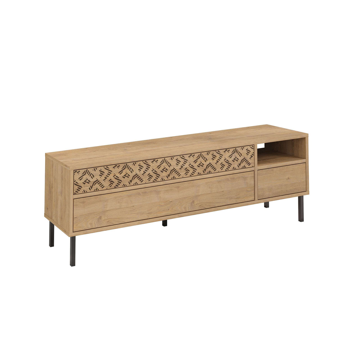 Modern TV stand with storage drawers, natural oak finish and patterned front insert