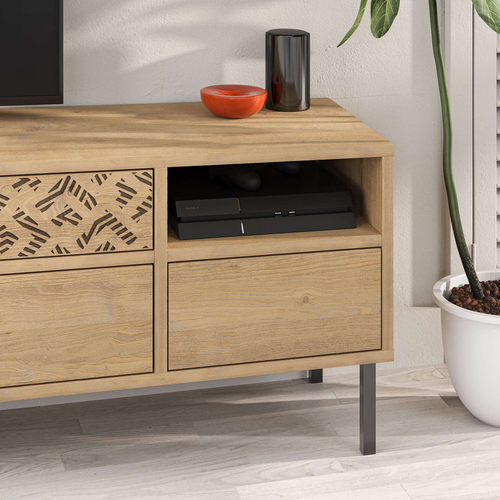 Modern TV stand with storage drawer and open media shelf, light oak wood finish