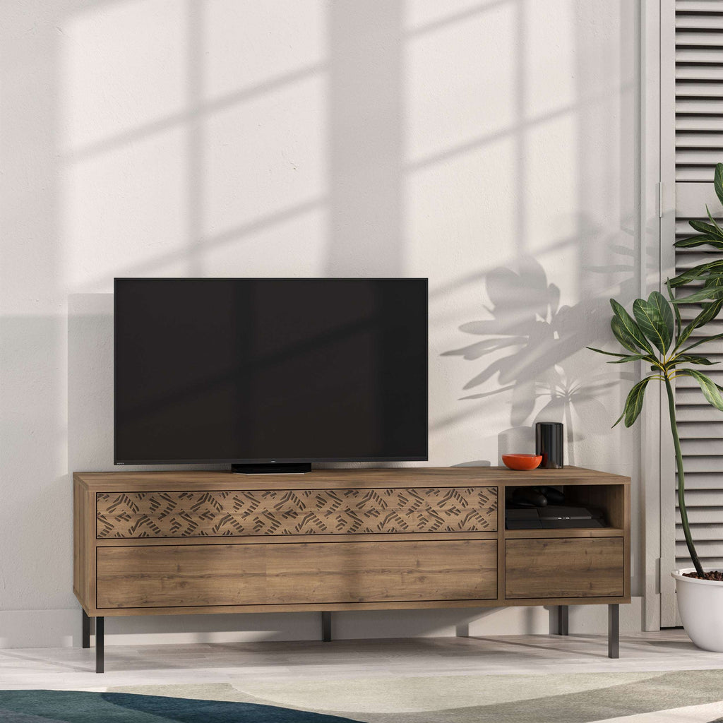 Light oak TV stand with patterned drawer panel, open media shelf, and two storage drawers