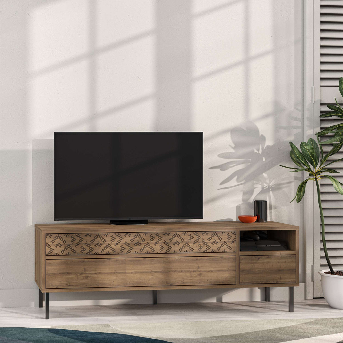Light oak TV stand with patterned drawer panel, open media shelf, and two storage drawers