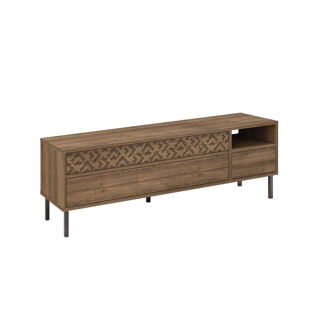 Modern TV stand with storage drawers, medium brown oak finish and patterned front insert