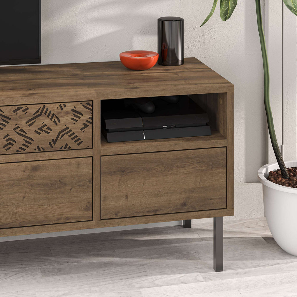 Modern TV stand with storage drawer and open media shelf, dark oak wood finish