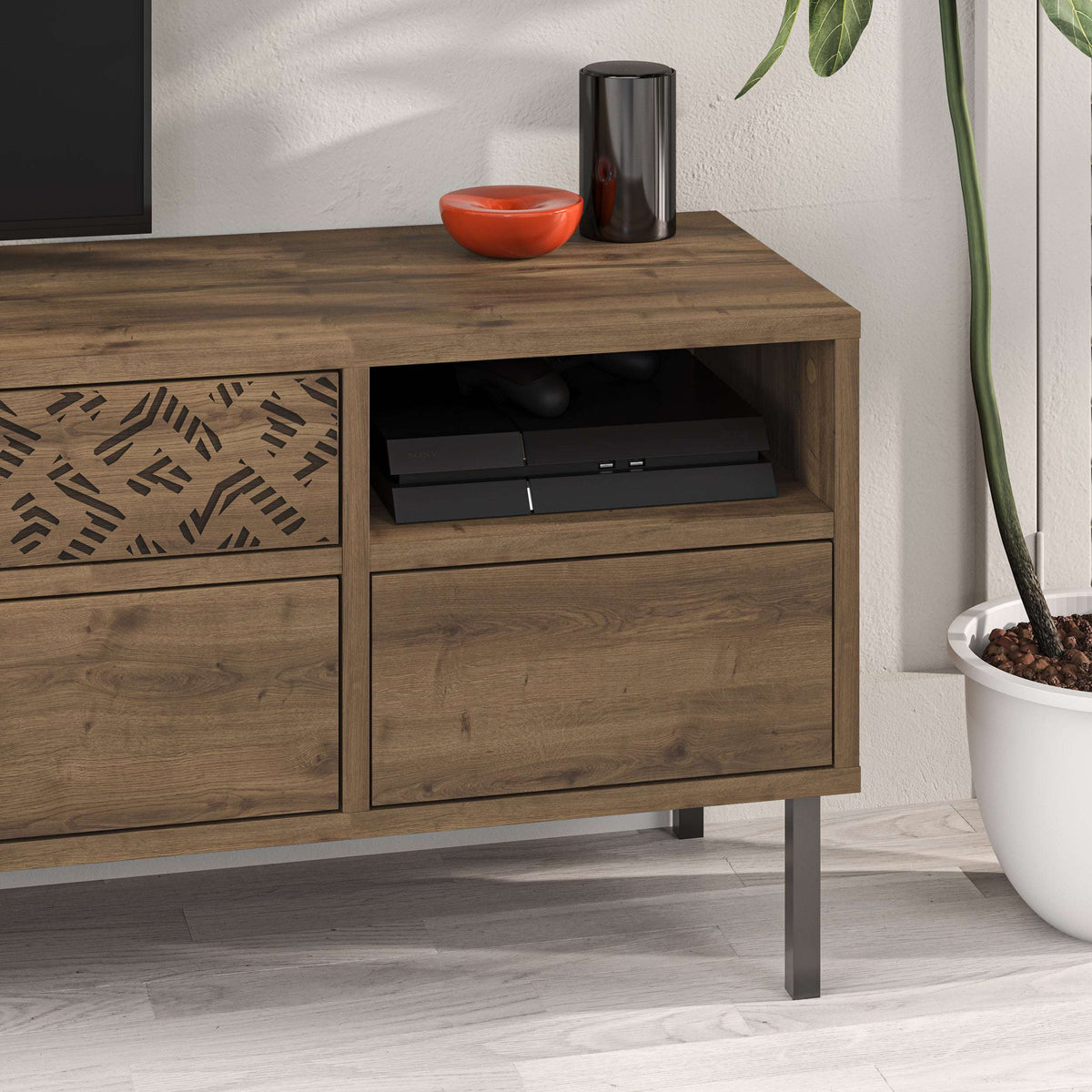 Modern TV stand with storage drawer and open media shelf, dark oak wood finish