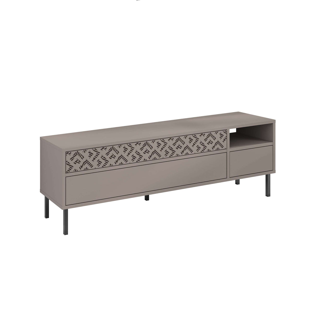 Modern dark grey TV stand with open shelf, two drawers, and patterned front panel
