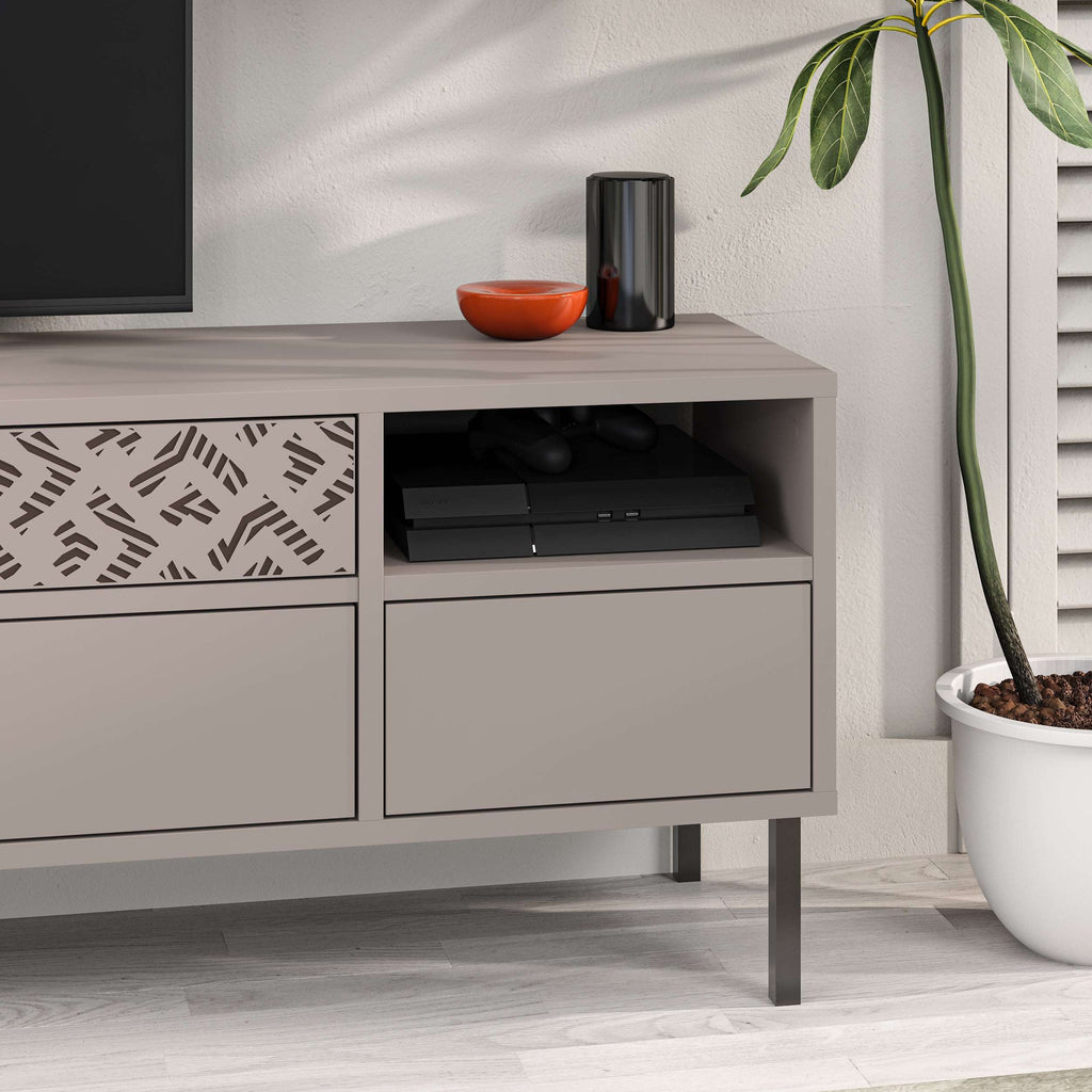 Modern TV stand with storage drawer and open media shelf, light grey cabinet finish