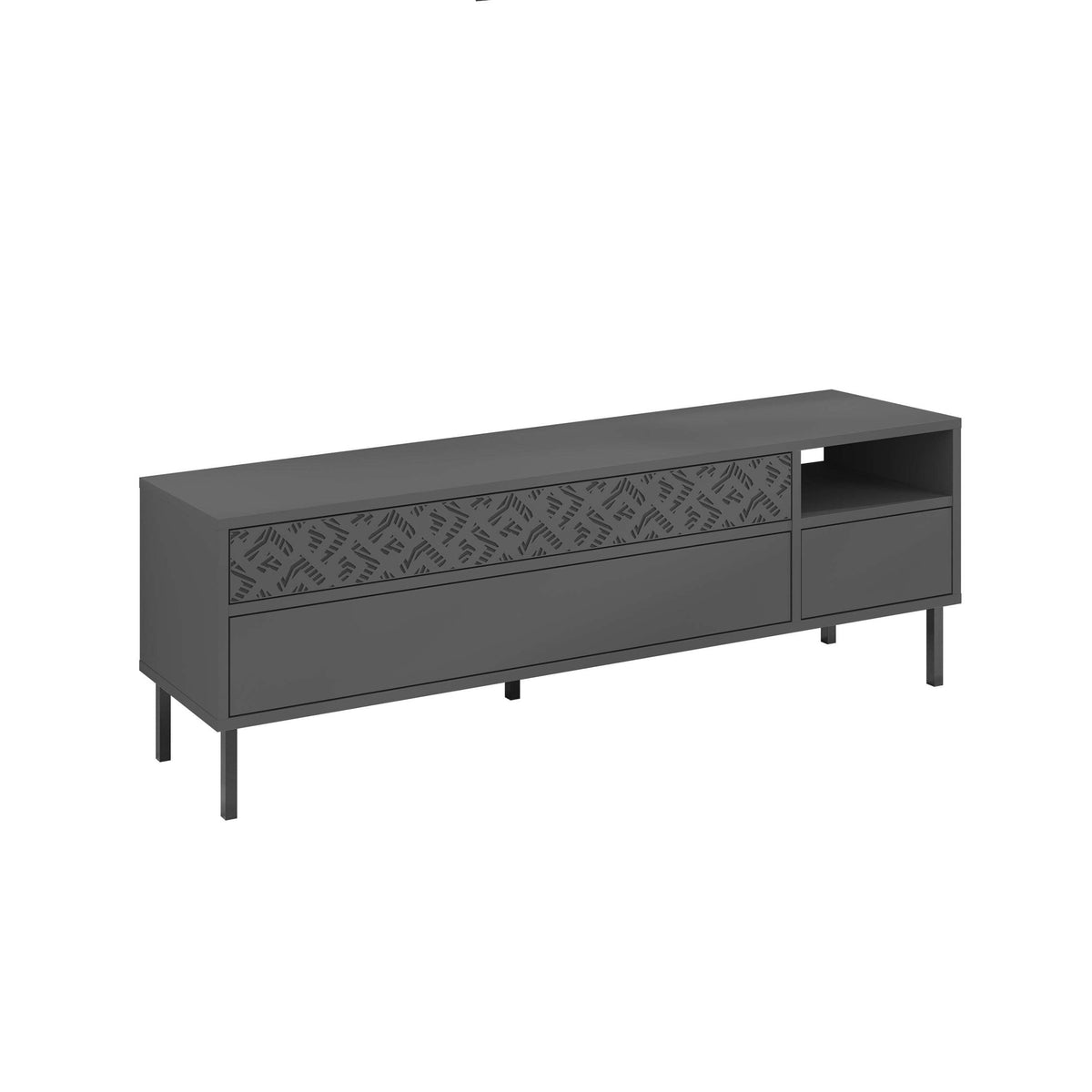 Modern dark grey TV unit with patterned drawer front, open shelf, and side legs