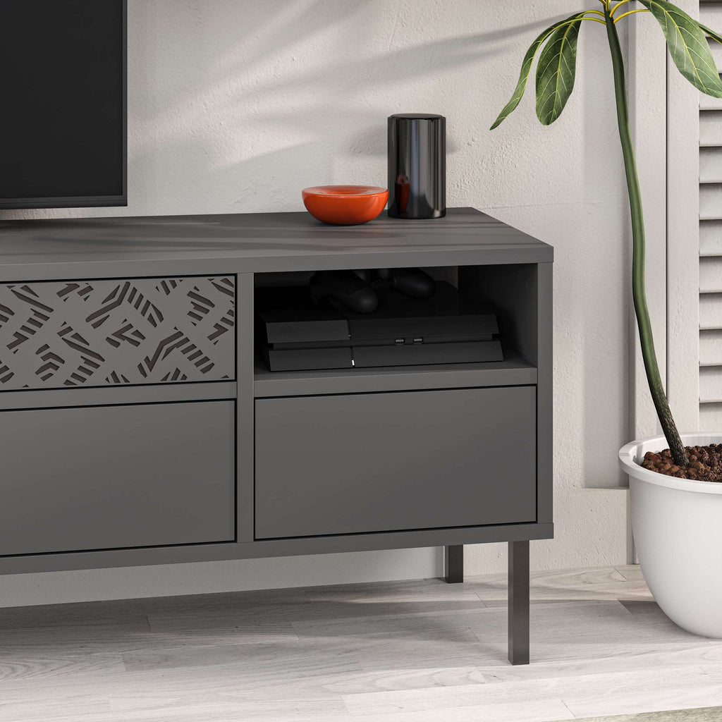 Modern dark grey TV stand with open media shelf and lower drawer cabinet