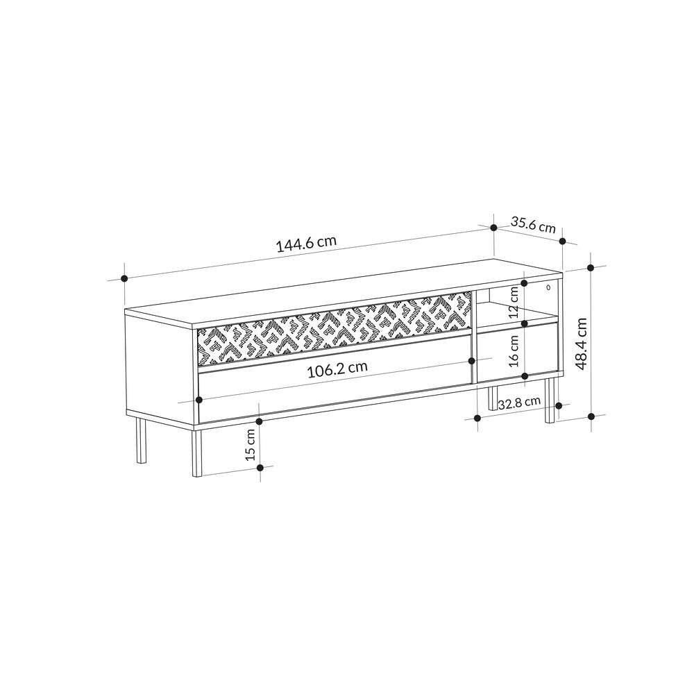 Modern TV stand dimension diagram with front patterned drawer and open media shelf