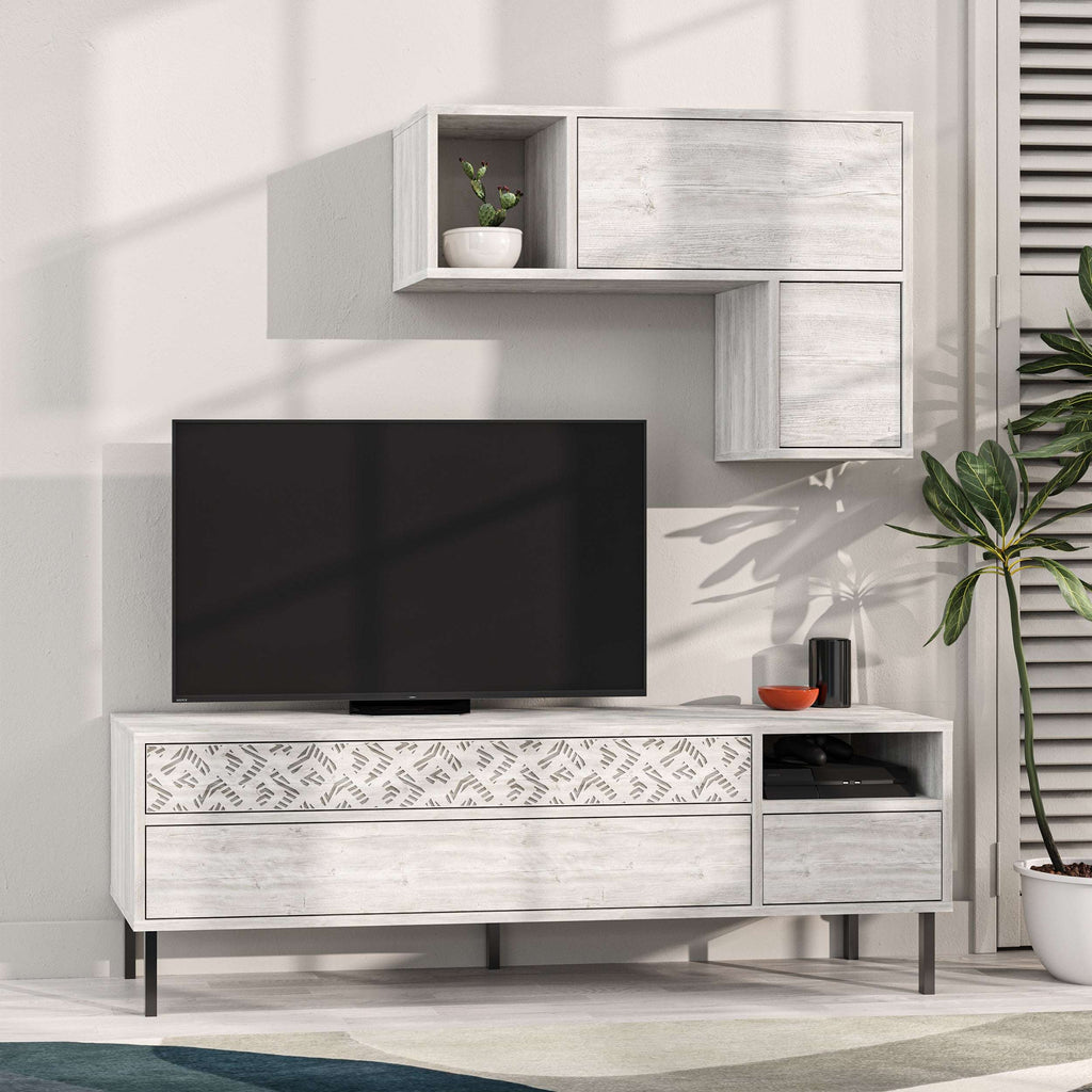 White modern TV console with storage cabinet and wall shelf, dark TV screen visible