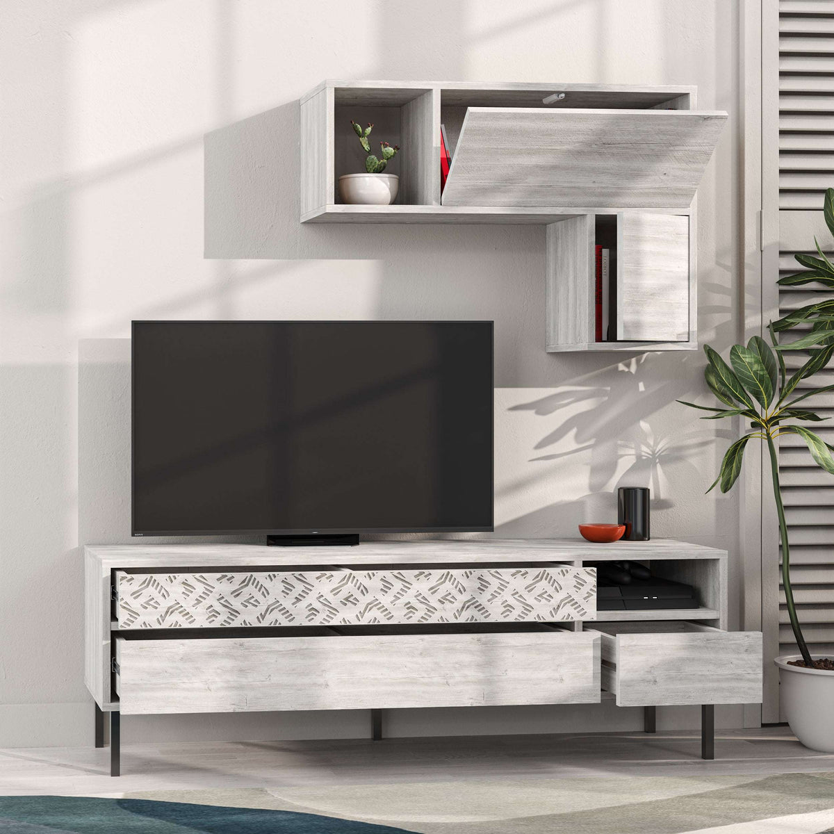 Modern TV unit with storage and wall shelf, white finish with open cubby shelves