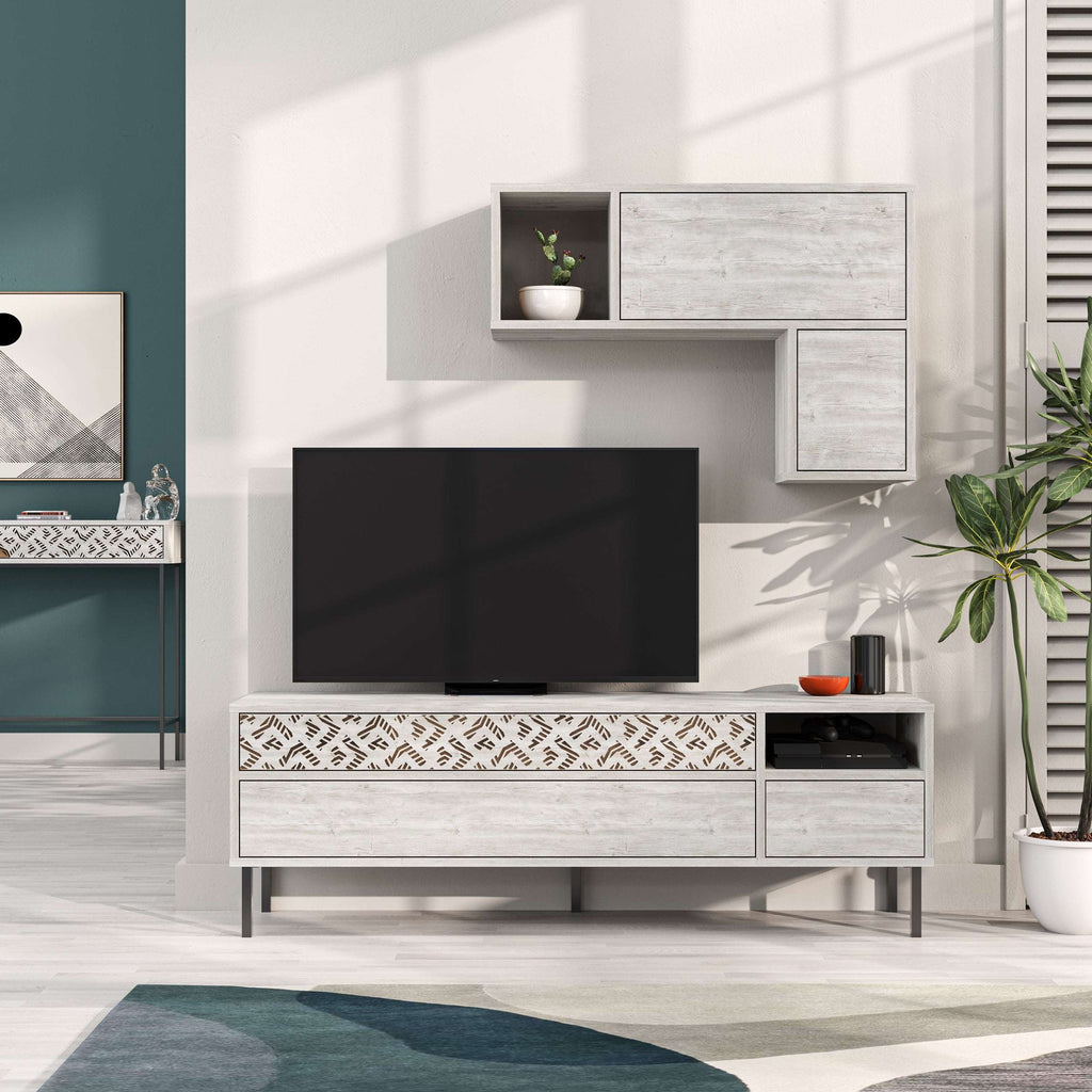 Light wood modern TV console with storage drawers and wall shelf, dark TV screen visible
