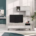 Light wood modern TV console with storage drawers and wall shelf, dark TV screen visible