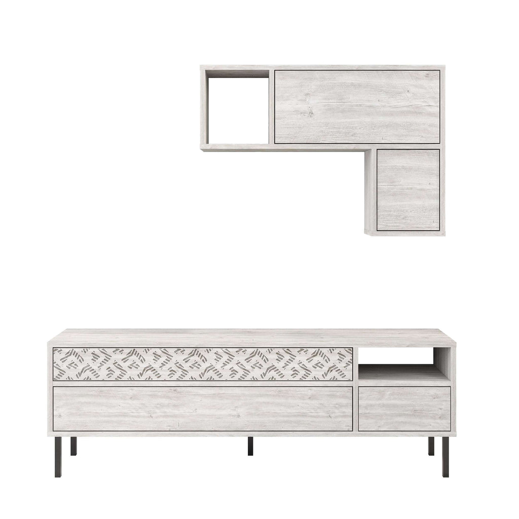 Modern TV unit with storage and wall shelf, light white wood finish with patterned drawer panel