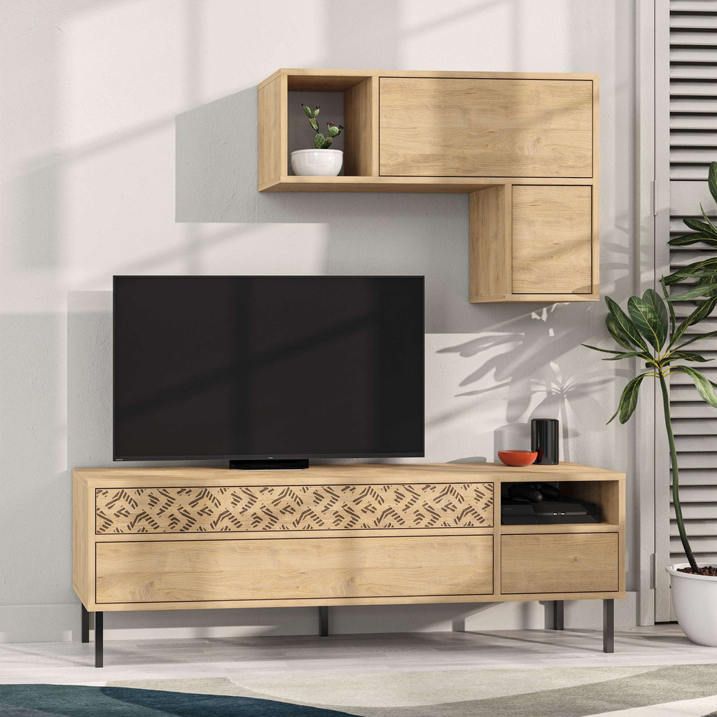 Oak-tone modern TV console with storage cabinets and wall shelf, dark TV screen visible