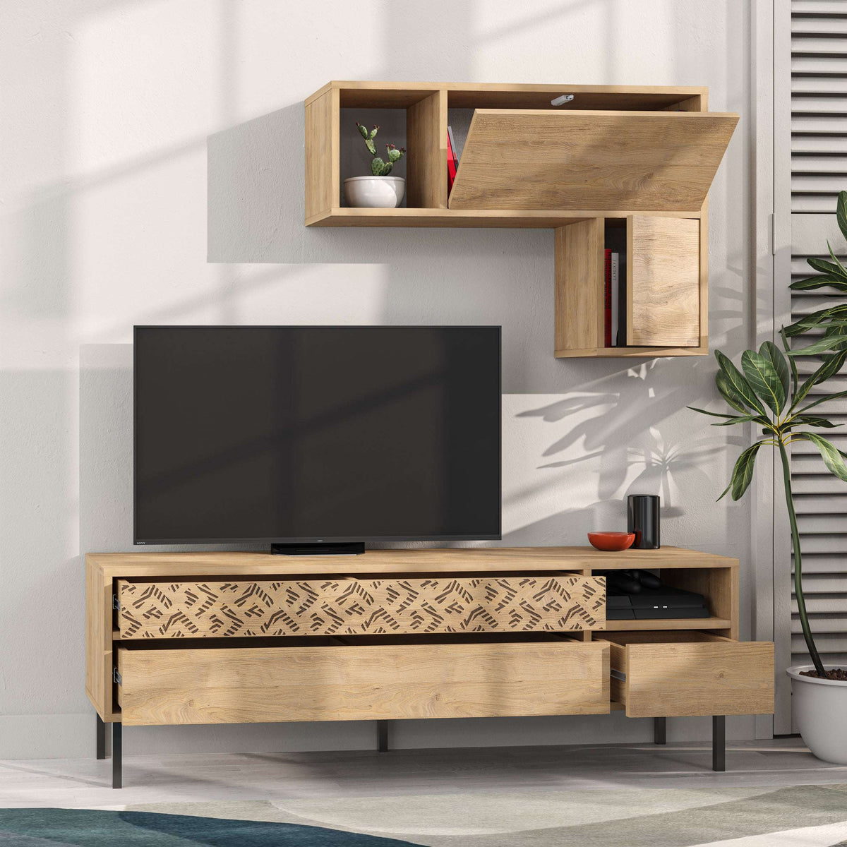 Modern TV unit with storage and wall shelf, oak wood finish with open cubby shelves