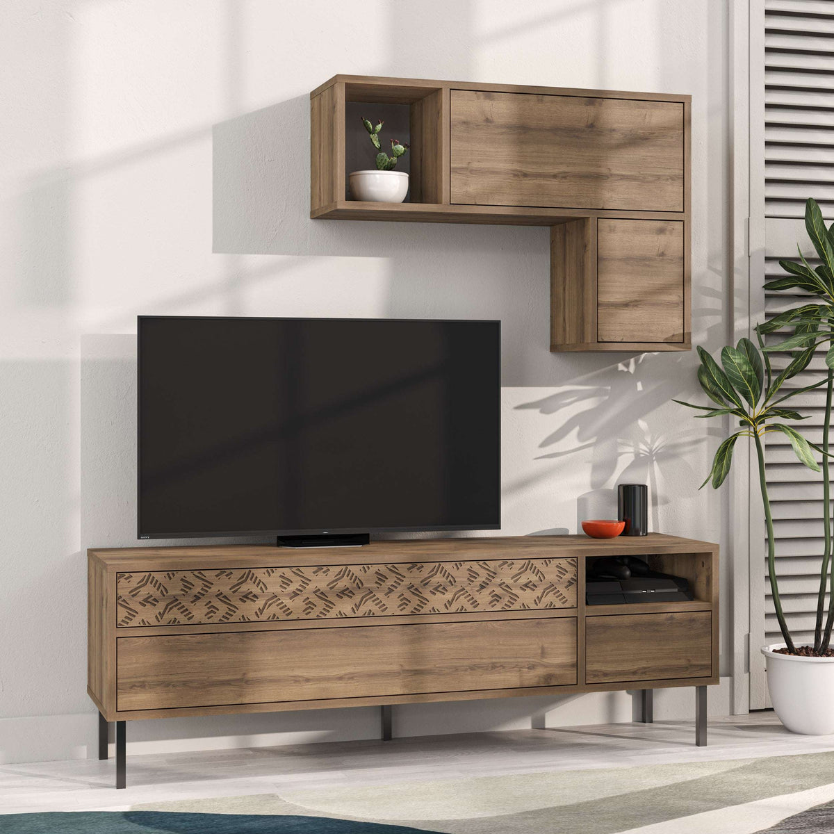 Medium wood modern TV console with storage drawers and wall shelf, dark TV screen visible