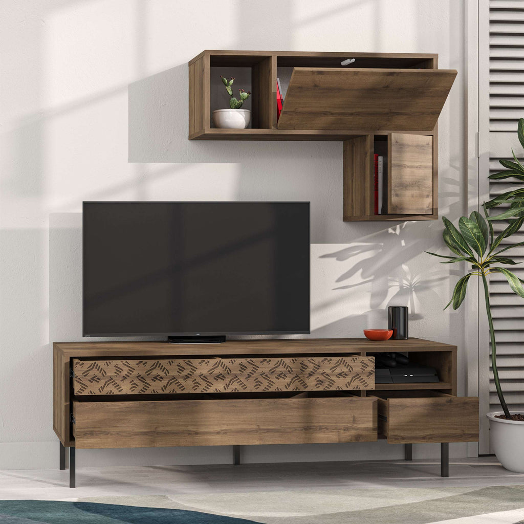 Modern TV unit with storage and wall shelf, warm wood finish with open cubby shelves