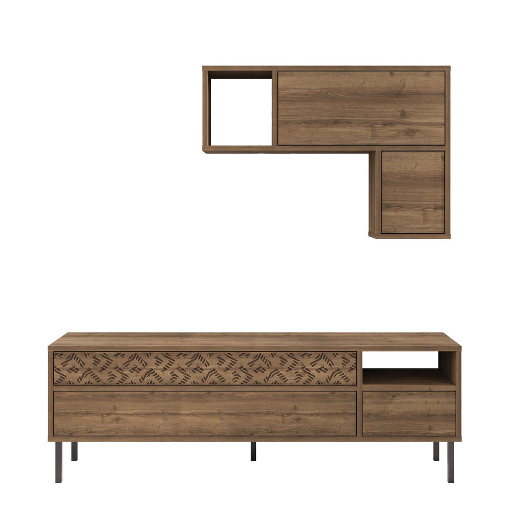 Modern TV unit with storage and wall shelf, oak wood finish with wall shelf above