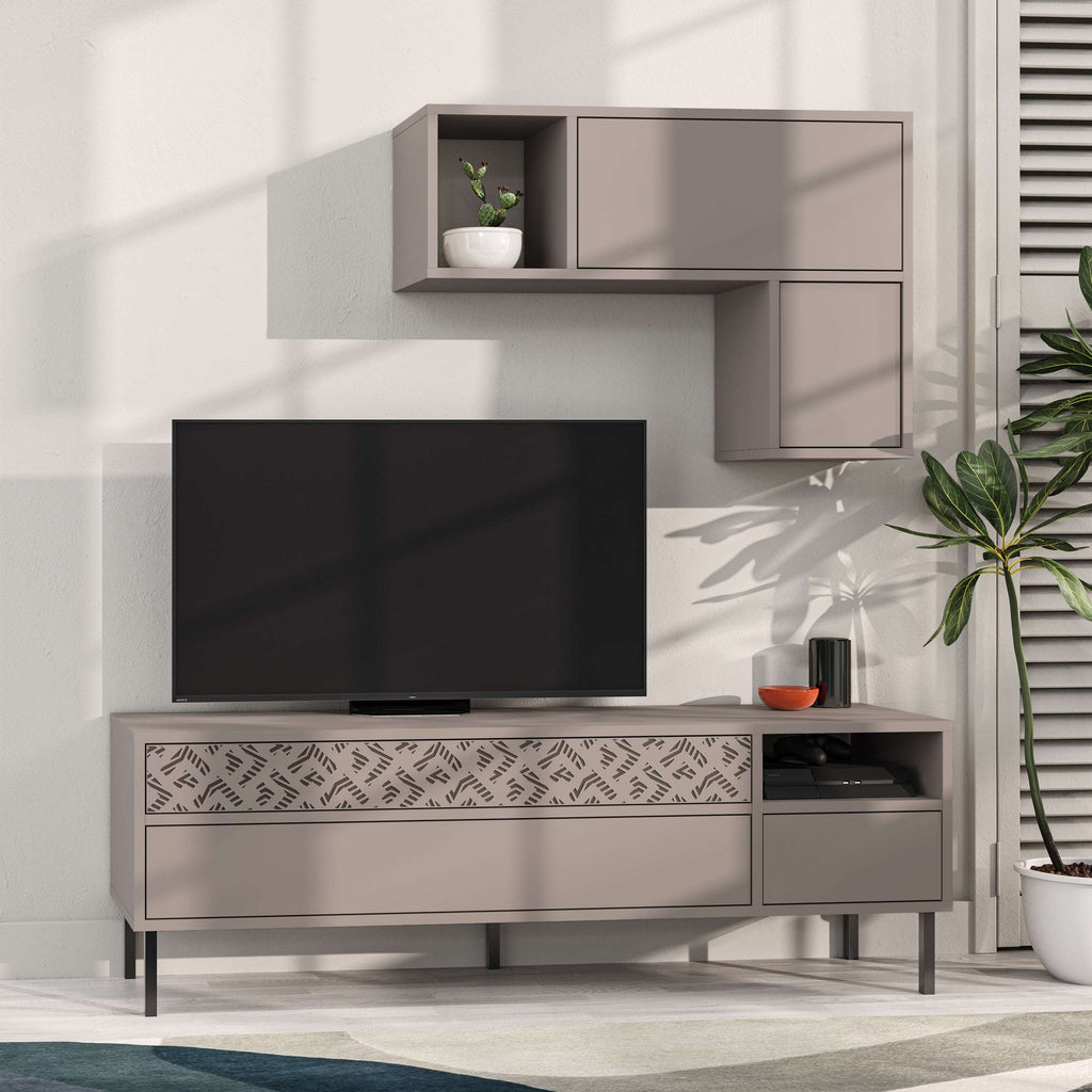 Light gray modern TV console with storage cabinet and wall shelf, dark TV screen visible