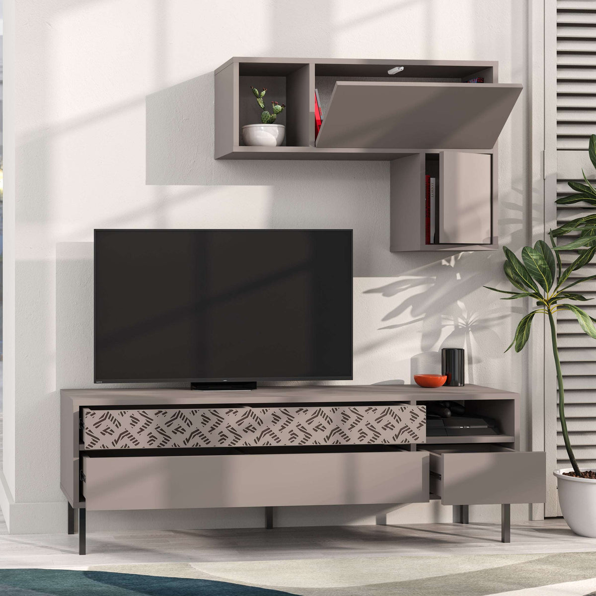Modern TV unit with storage and wall shelf, light grey finish with wall cubby shelves