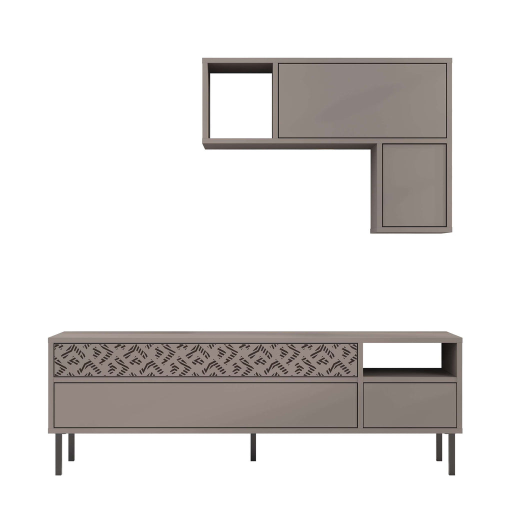 Modern TV unit with storage and wall shelf, dark grey wood finish with open storage bays