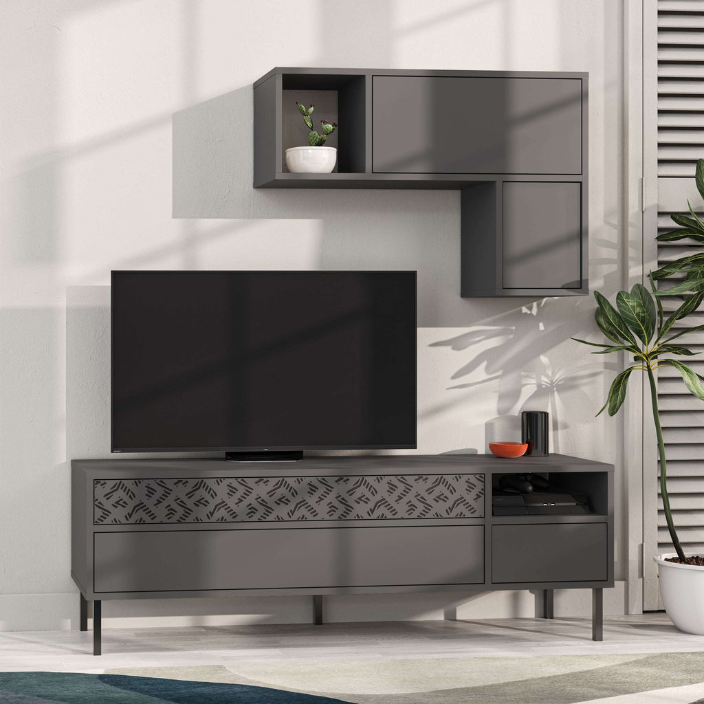 Dark gray modern TV console with storage cabinet and wall shelf, dark TV screen visible