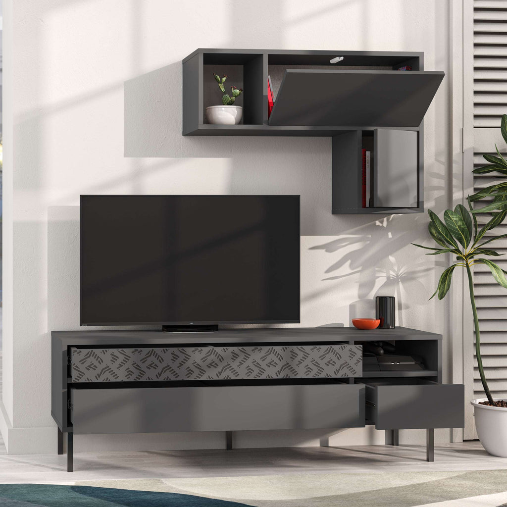 Modern TV unit with storage and wall shelf, darker grey finish with wall cubby shelves