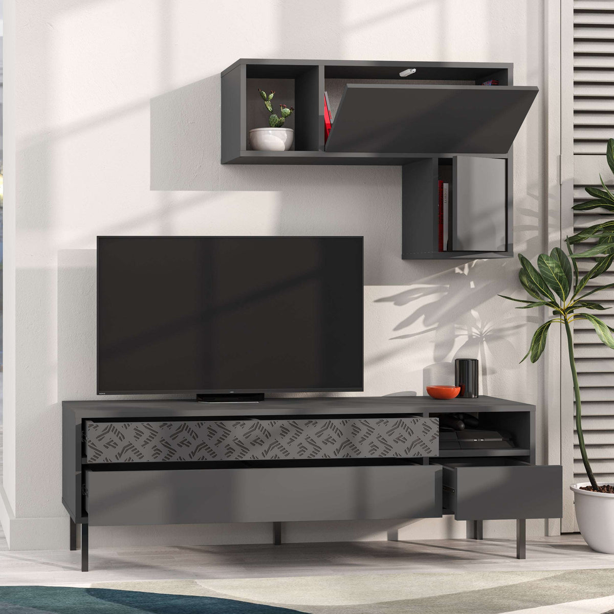 Modern TV unit with storage and wall shelf, darker grey finish with wall cubby shelves